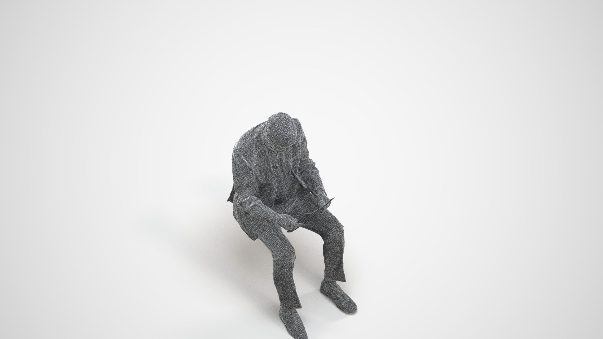 scanned 3D senior man business sitting, photogrammetry people for Enscape and V-Ray, wireframe three-quarter view