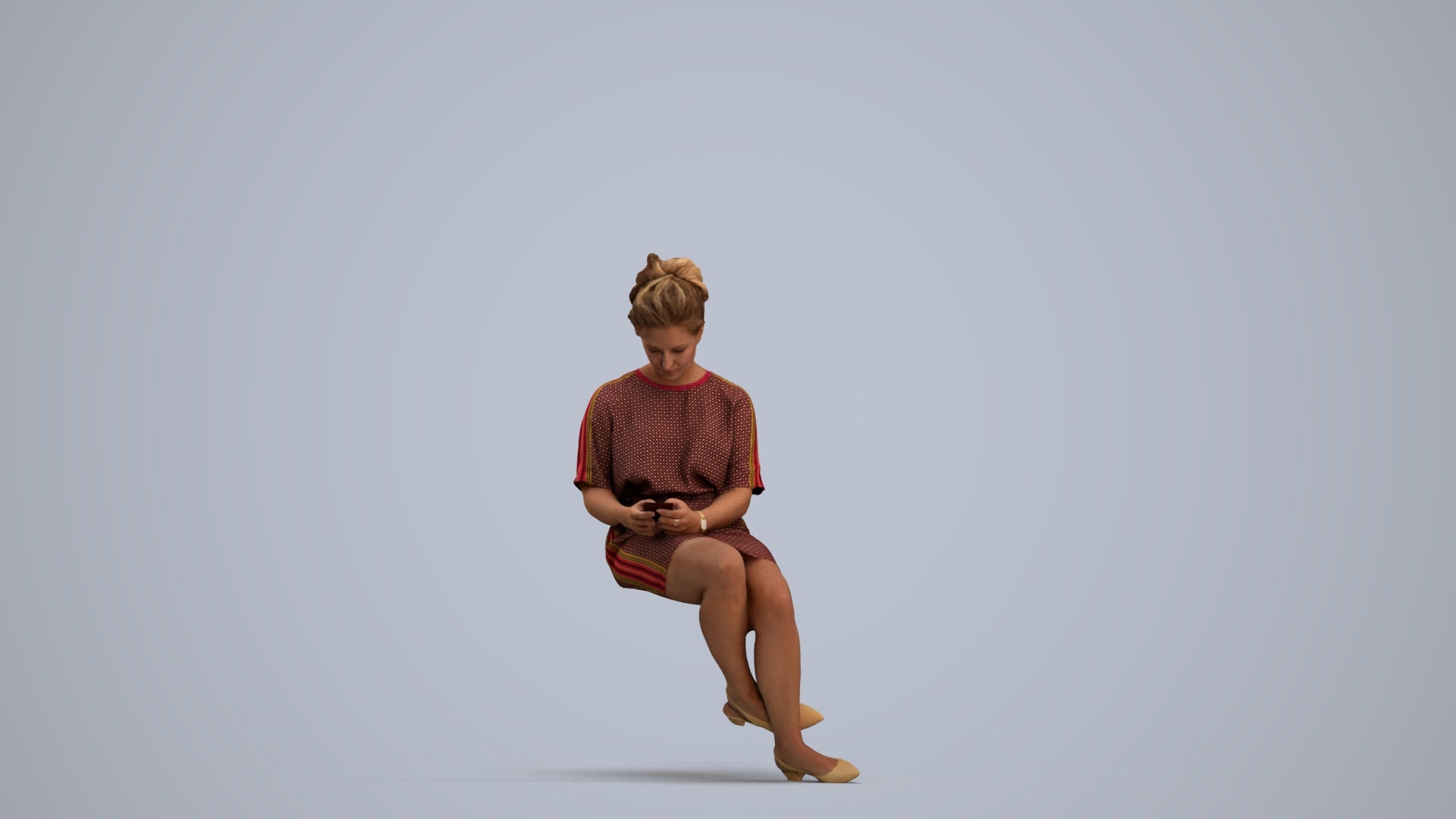 realistic 3D woman casual sitting, scanned archviz people for Blender and 3ds Max, standing pose render