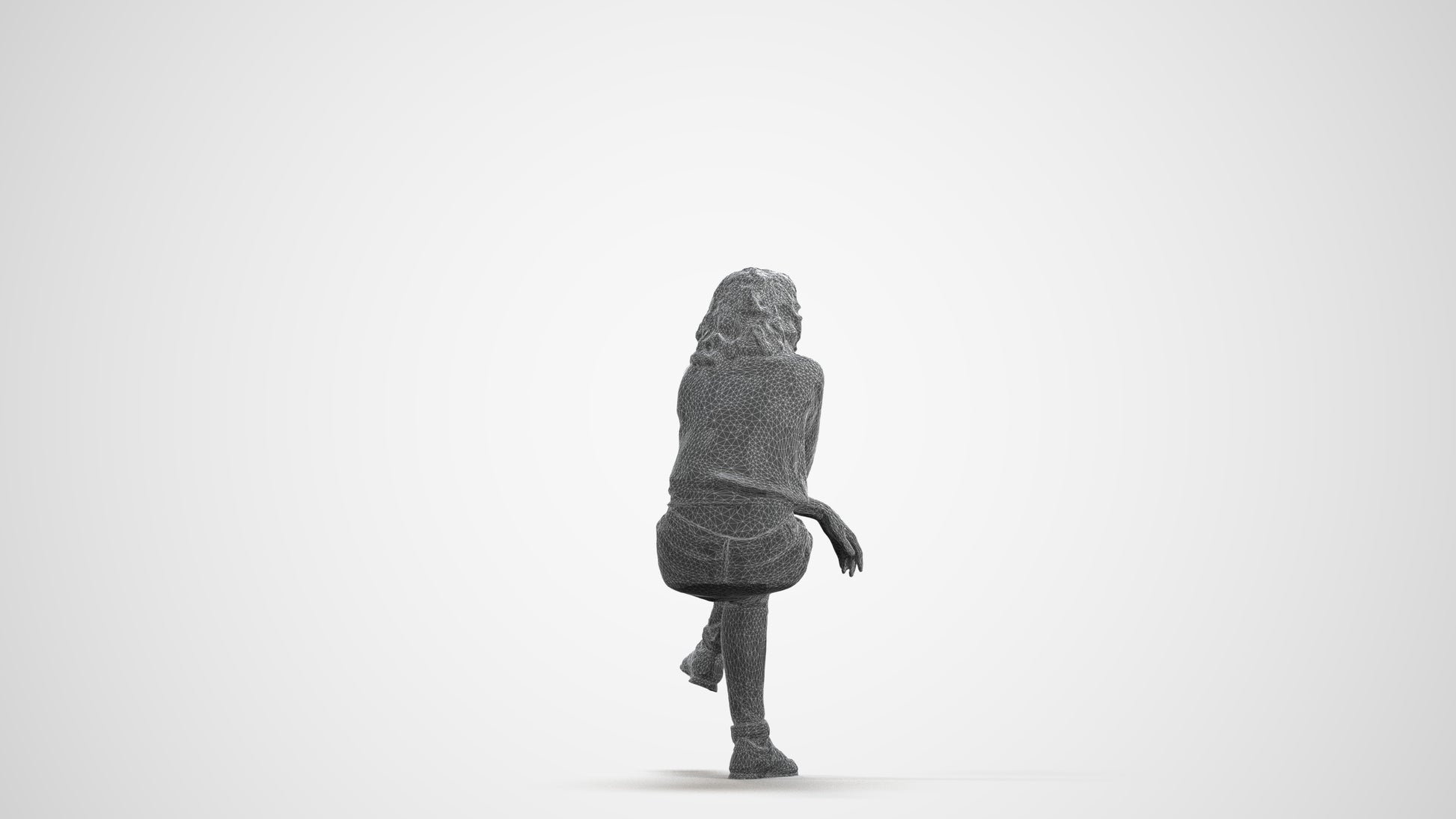 photogrammetry 3D woman casual sitting, realistic human model archviz FBX, wireframe front view