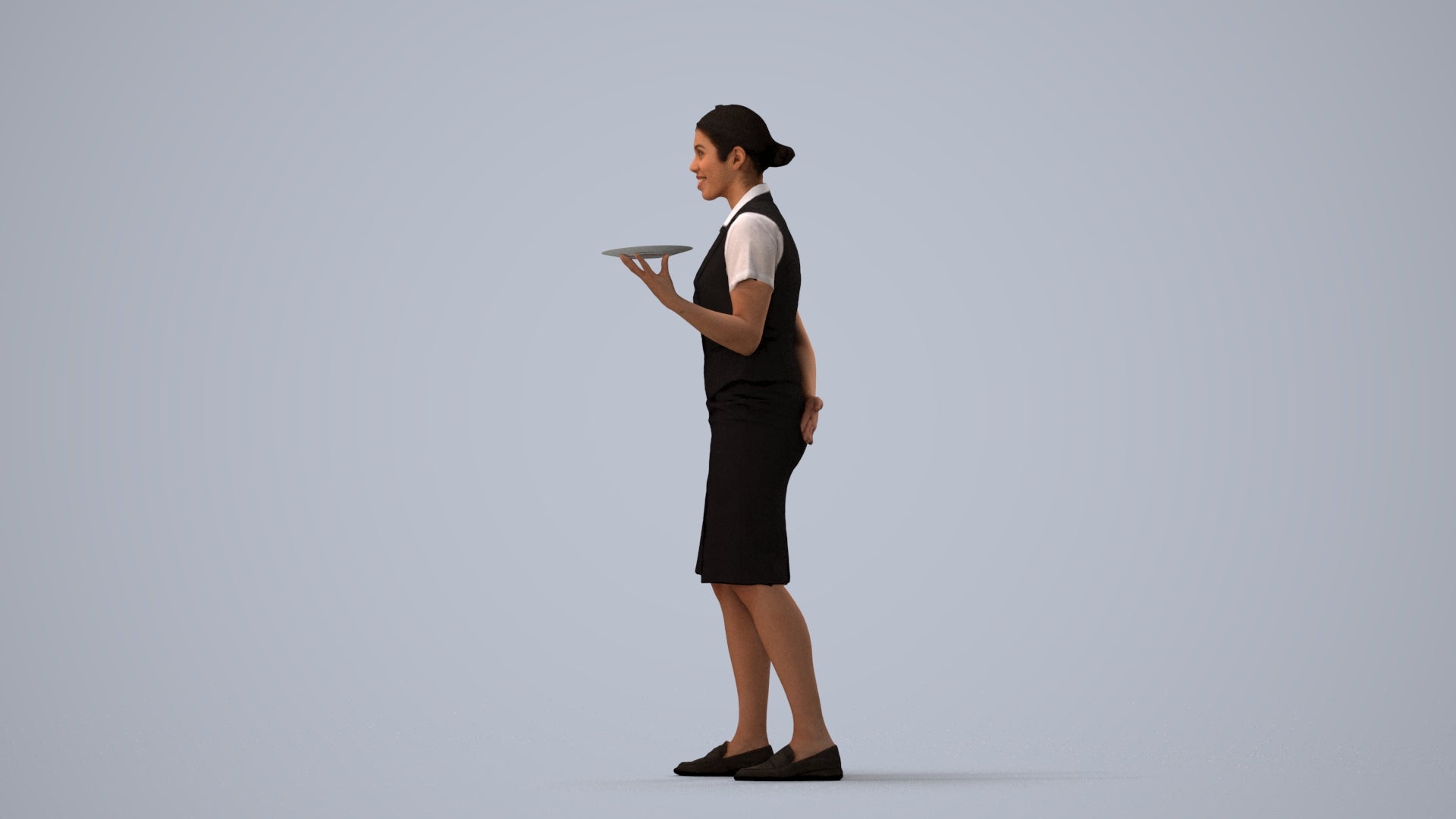 photogrammetry 3D woman hospitality, realistic human model archviz FBX, three-quarter view render