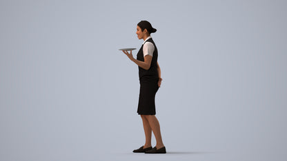 photogrammetry 3D woman hospitality, realistic human model archviz FBX, three-quarter view render