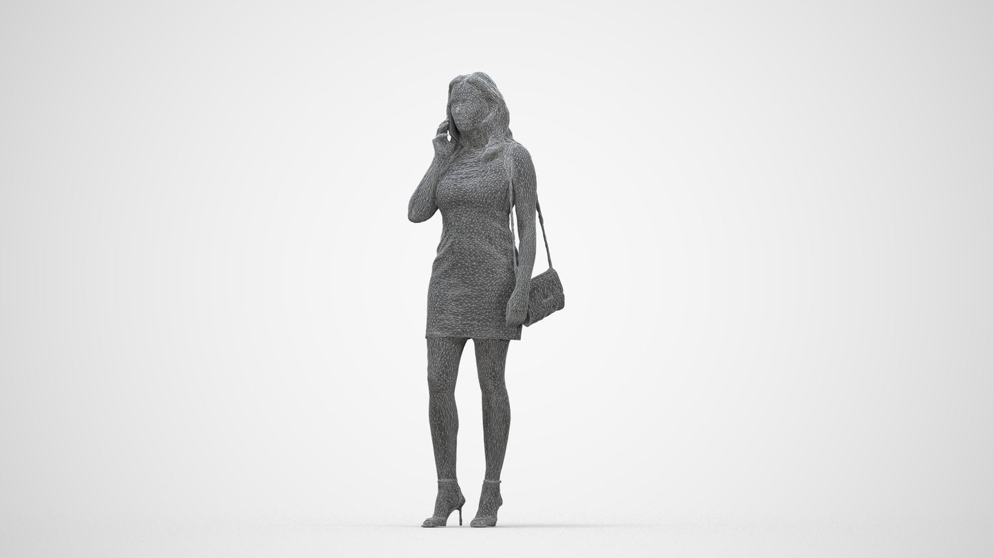 3D human model woman casual standing, photogrammetry scanned person for archviz, wireframe back view