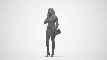 3D human model woman casual standing, photogrammetry scanned person for archviz, wireframe back view