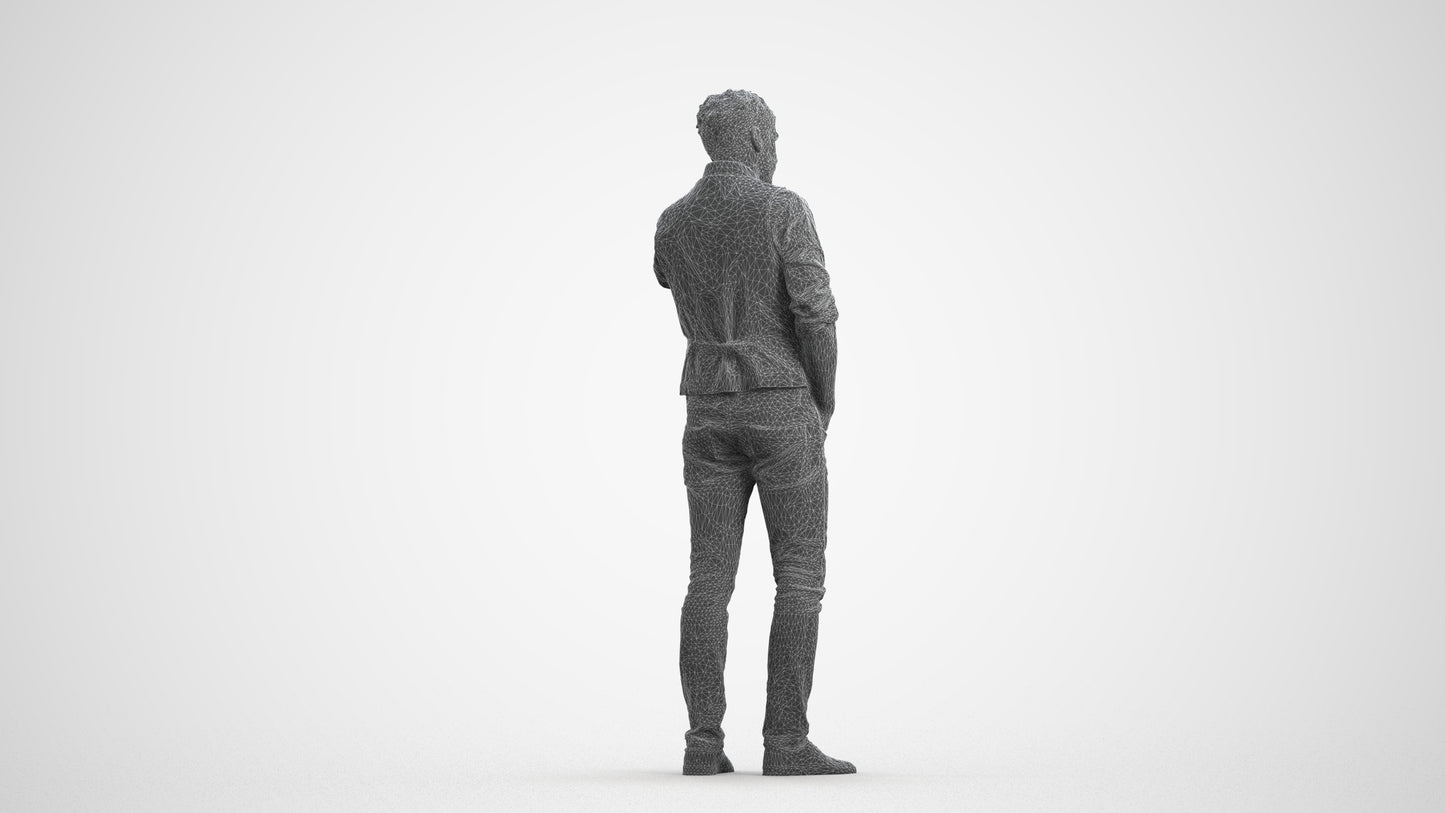 3D human model man casual standing, photogrammetry scanned person for archviz, wireframe front view