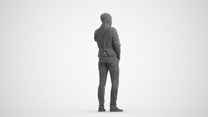 3D human model man casual standing, photogrammetry scanned person for archviz, wireframe front view