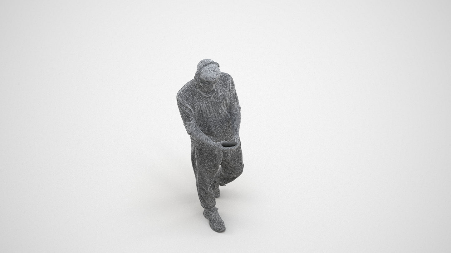 3D scanned man standing casual, photorealistic archviz people for Enscape and SketchUp, wireframe three-quarter view