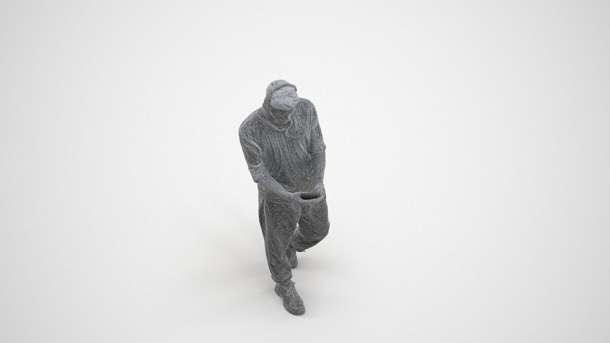 3D scanned man standing casual, photorealistic archviz people for Enscape and SketchUp, wireframe three-quarter view