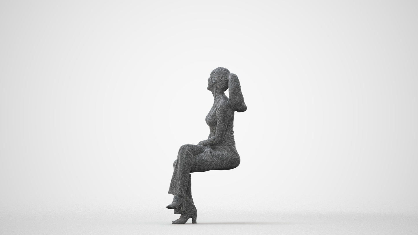 photogrammetry 3D woman casual sitting, realistic human model archviz FBX, square thumbnail