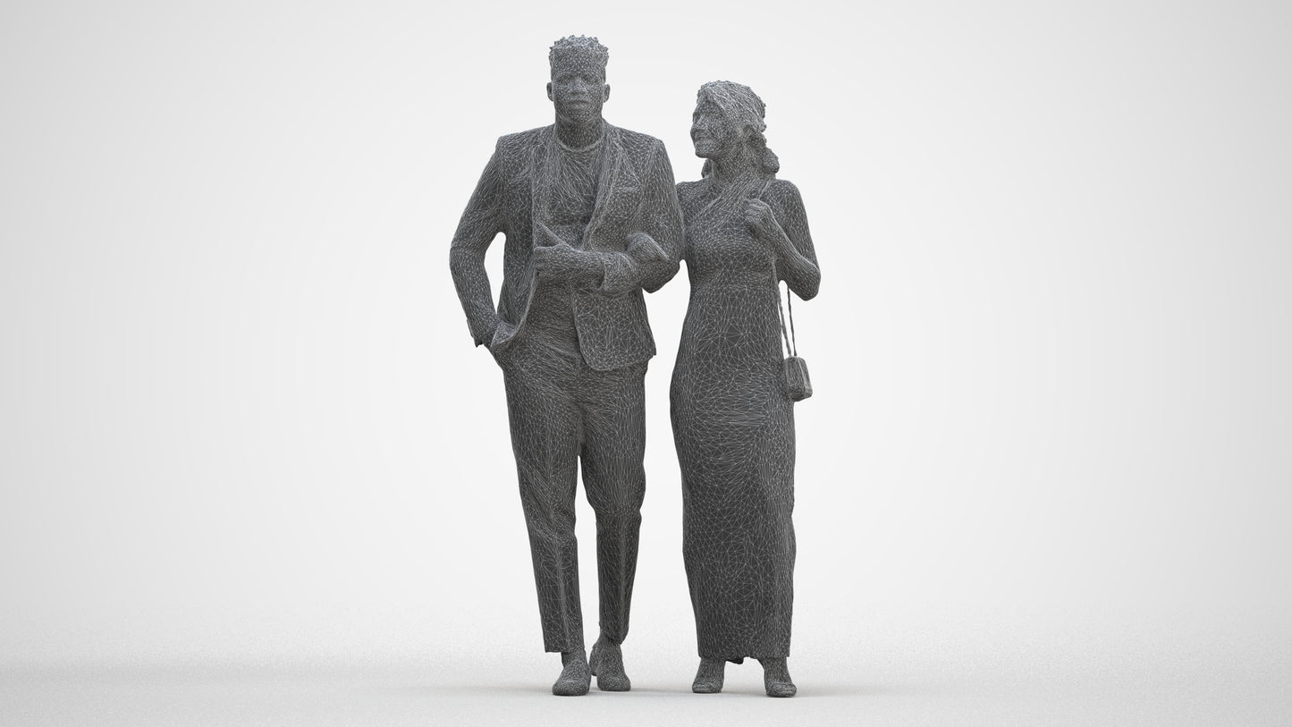 3D human model woman formal couple, photogrammetry scanned person for archviz, three-quarter front view render