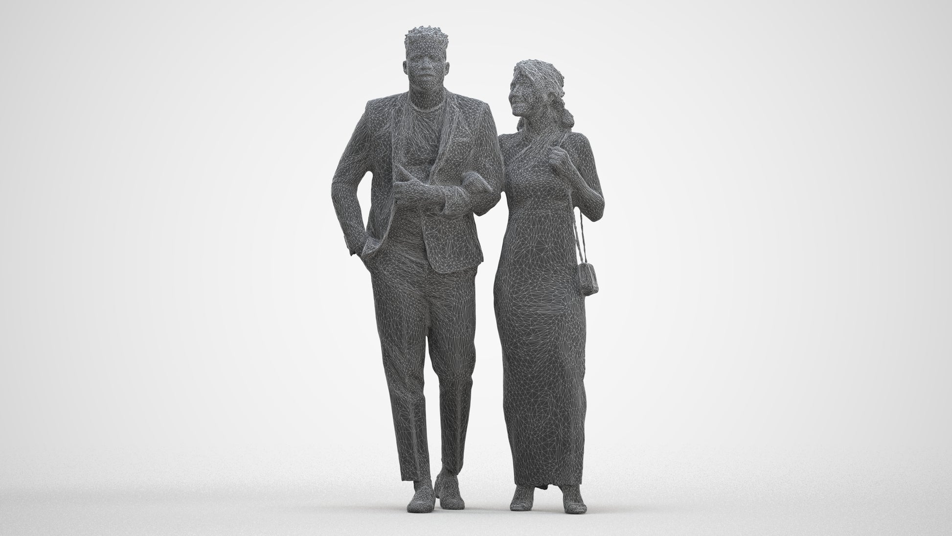 3D human model woman formal couple, photogrammetry scanned person for archviz, three-quarter front view render