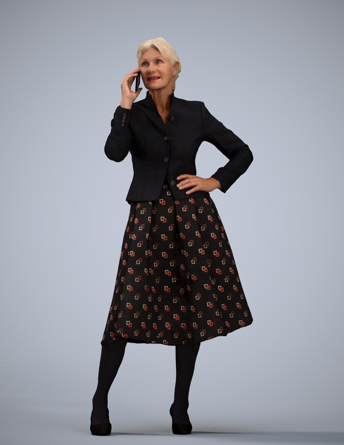 3D human model senior woman business standing, photogrammetry scanned person for archviz