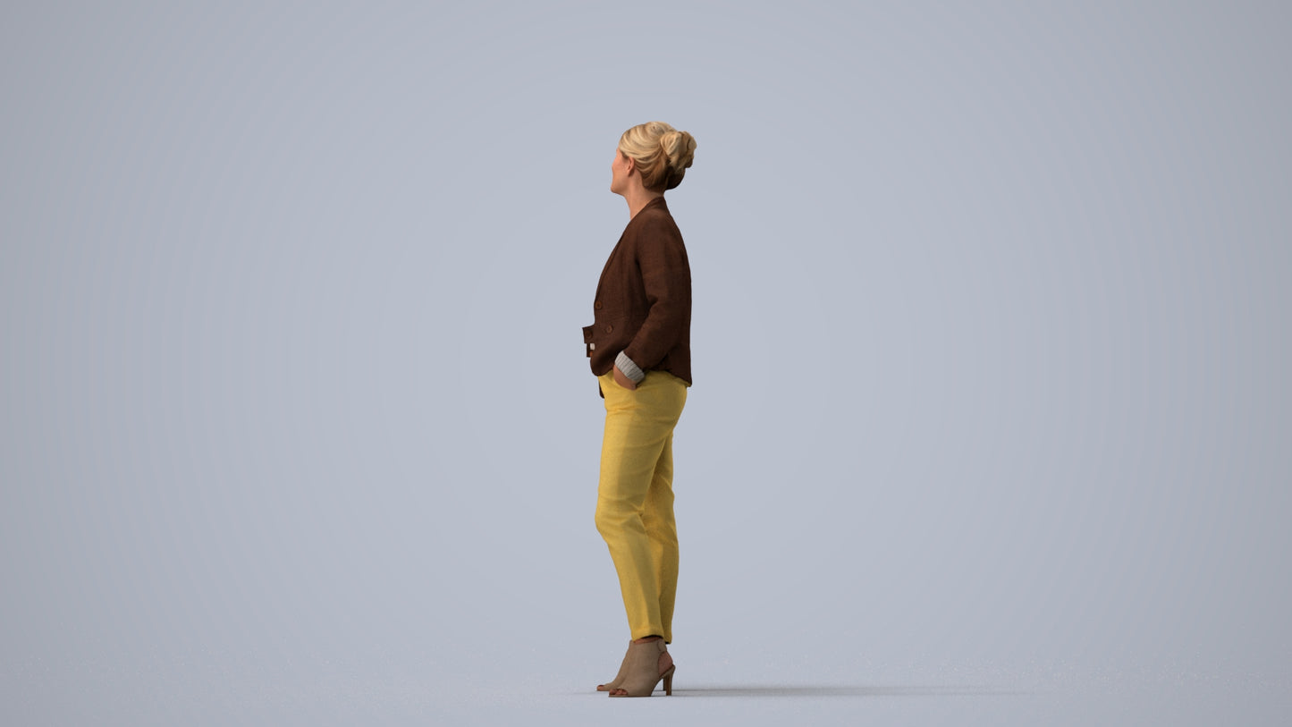 realistic 3D woman business standing, scanned archviz people for Blender and 3ds Max, three-quarter view render