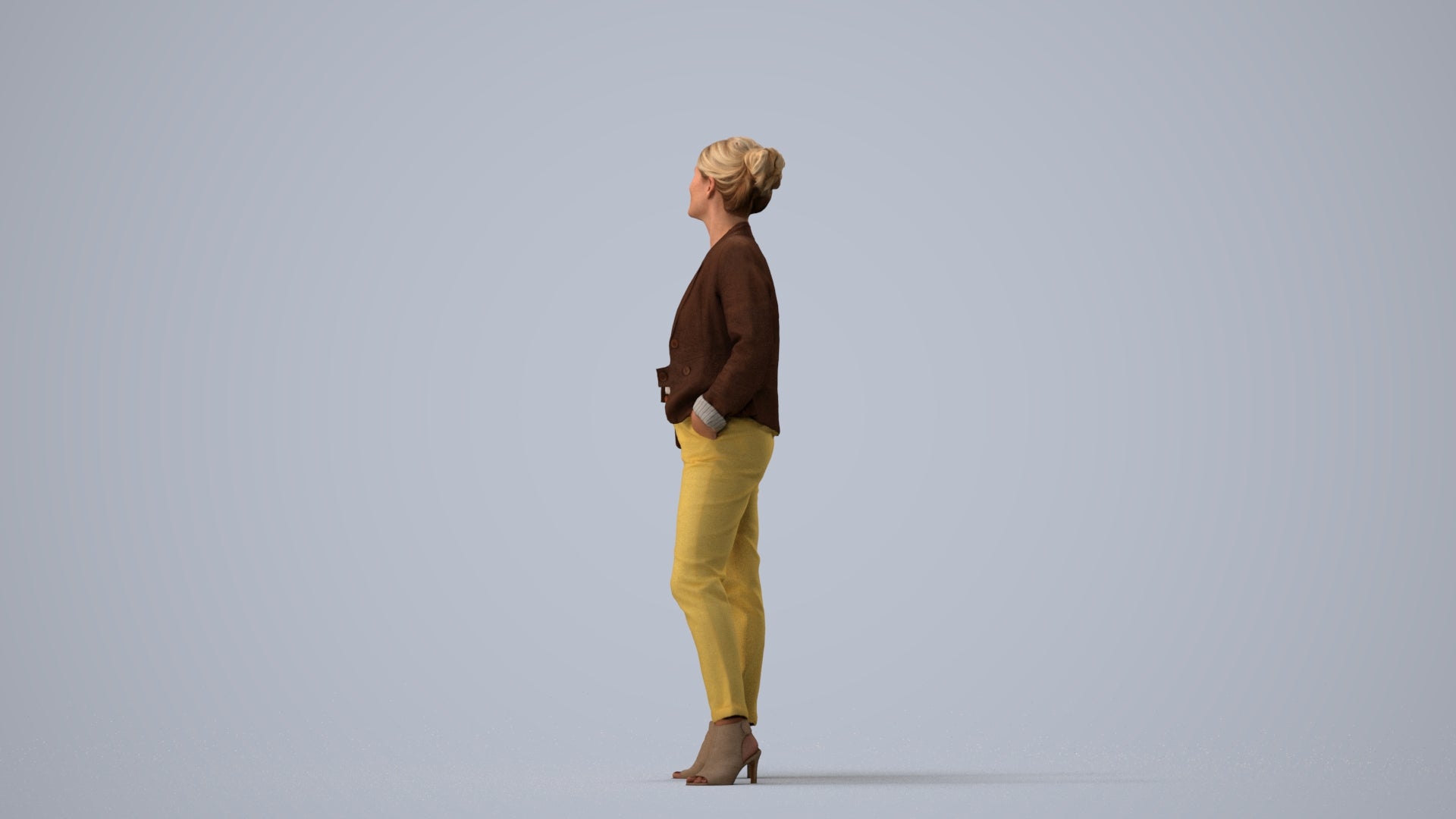 realistic 3D woman business standing, scanned archviz people for Blender and 3ds Max, three-quarter view render