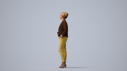 realistic 3D woman business standing, scanned archviz people for Blender and 3ds Max, three-quarter view render