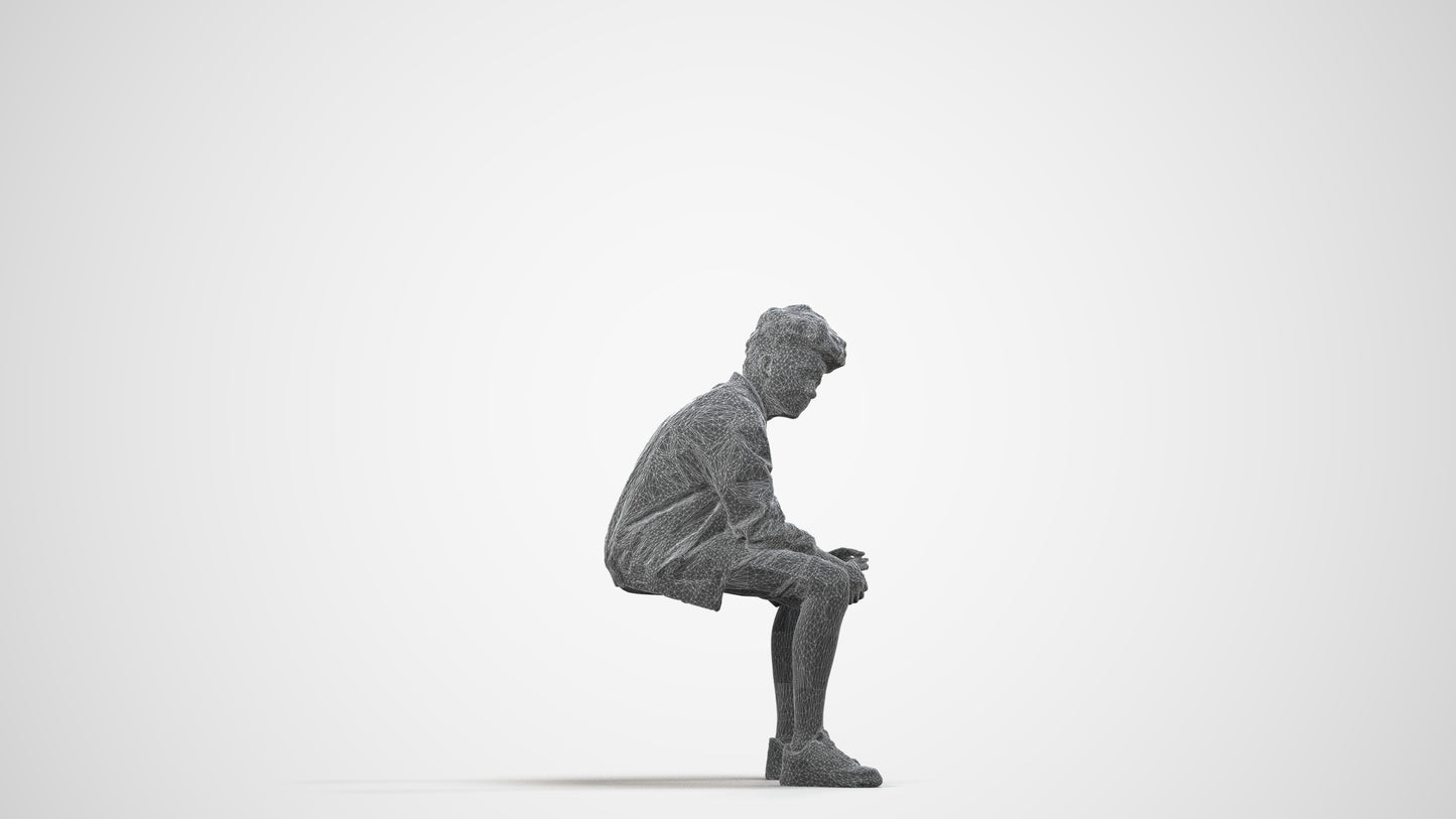 3D human model boy casual kids, photogrammetry scanned person for archviz, wireframe side view