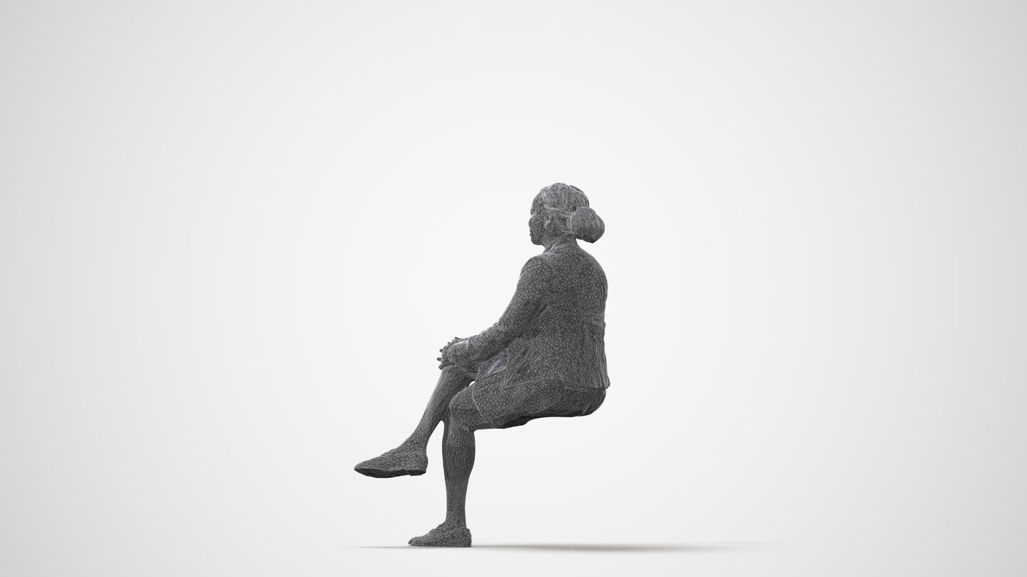 3D human model woman business sitting, photogrammetry scanned person for archviz, square thumbnail