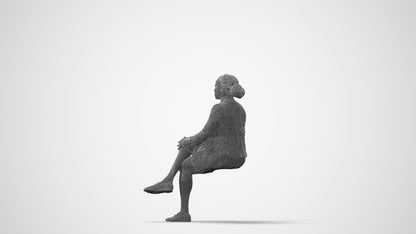 3D human model woman business sitting, photogrammetry scanned person for archviz, square thumbnail