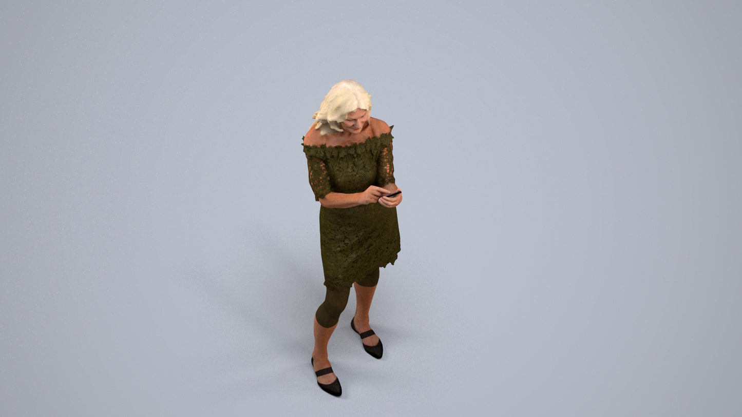 realistic 3D senior woman casual standing, scanned archviz people for Blender and 3ds Max, back view render