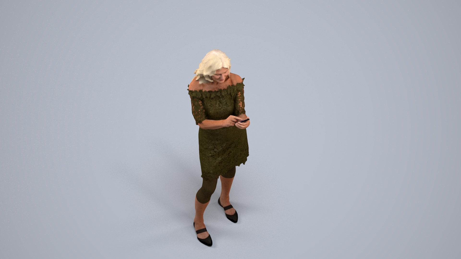 realistic 3D senior woman casual standing, scanned archviz people for Blender and 3ds Max, back view render