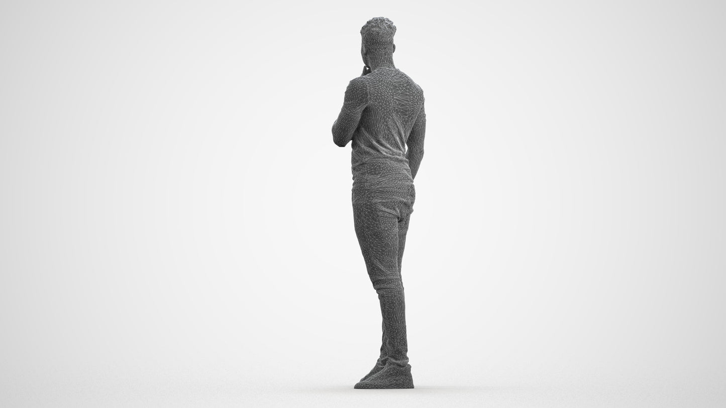 3D human model man casual standing, photogrammetry scanned person for archviz, wireframe front view