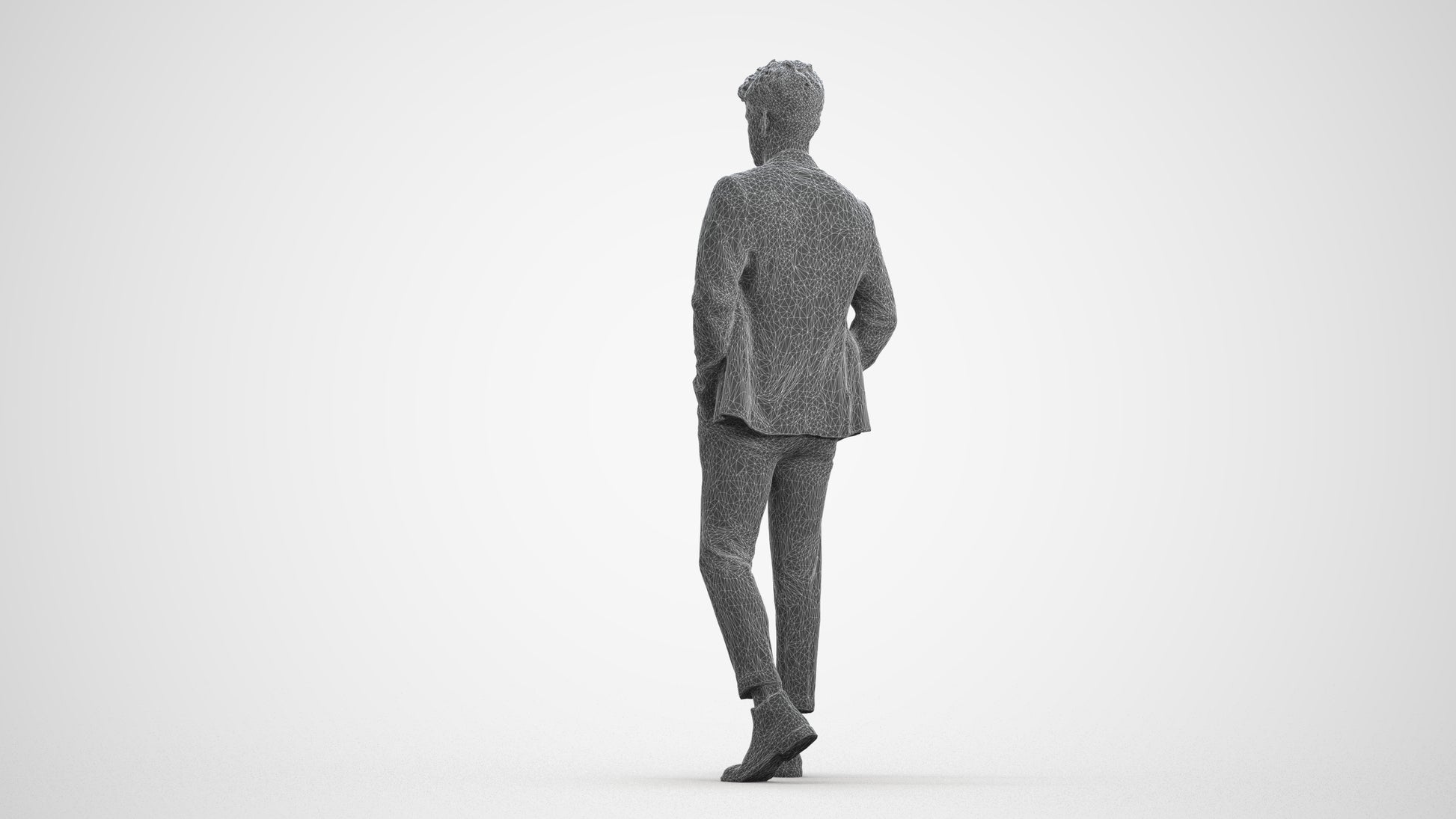 3D human model man business walking, photogrammetry scanned person for archviz, wireframe front view