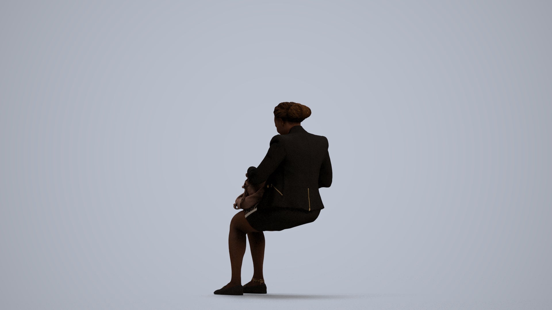 3D human model woman business sitting, photogrammetry scanned person for archviz, front view render