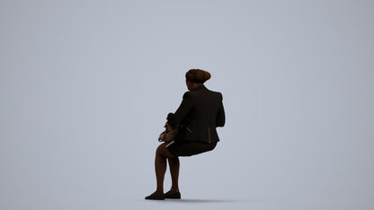 3D human model woman business sitting, photogrammetry scanned person for archviz, front view render