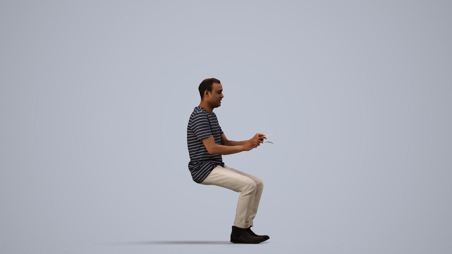 realistic 3D people man casual sitting, render-ready for V-Ray and Corona, FBX OBJ, side view render