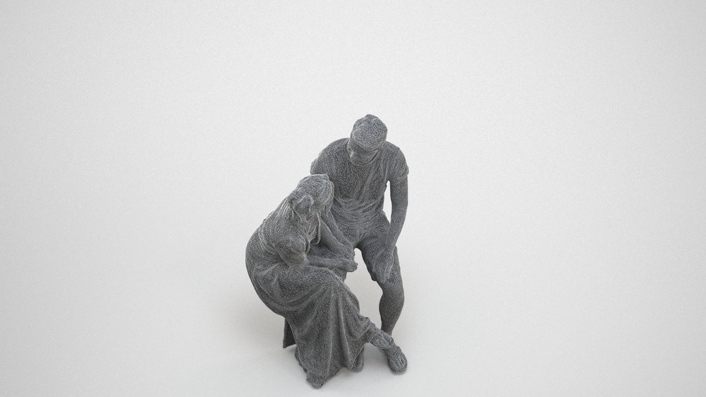 scanned 3D senior woman casual couple, photogrammetry people for Enscape and V-Ray, wireframe three-quarter view