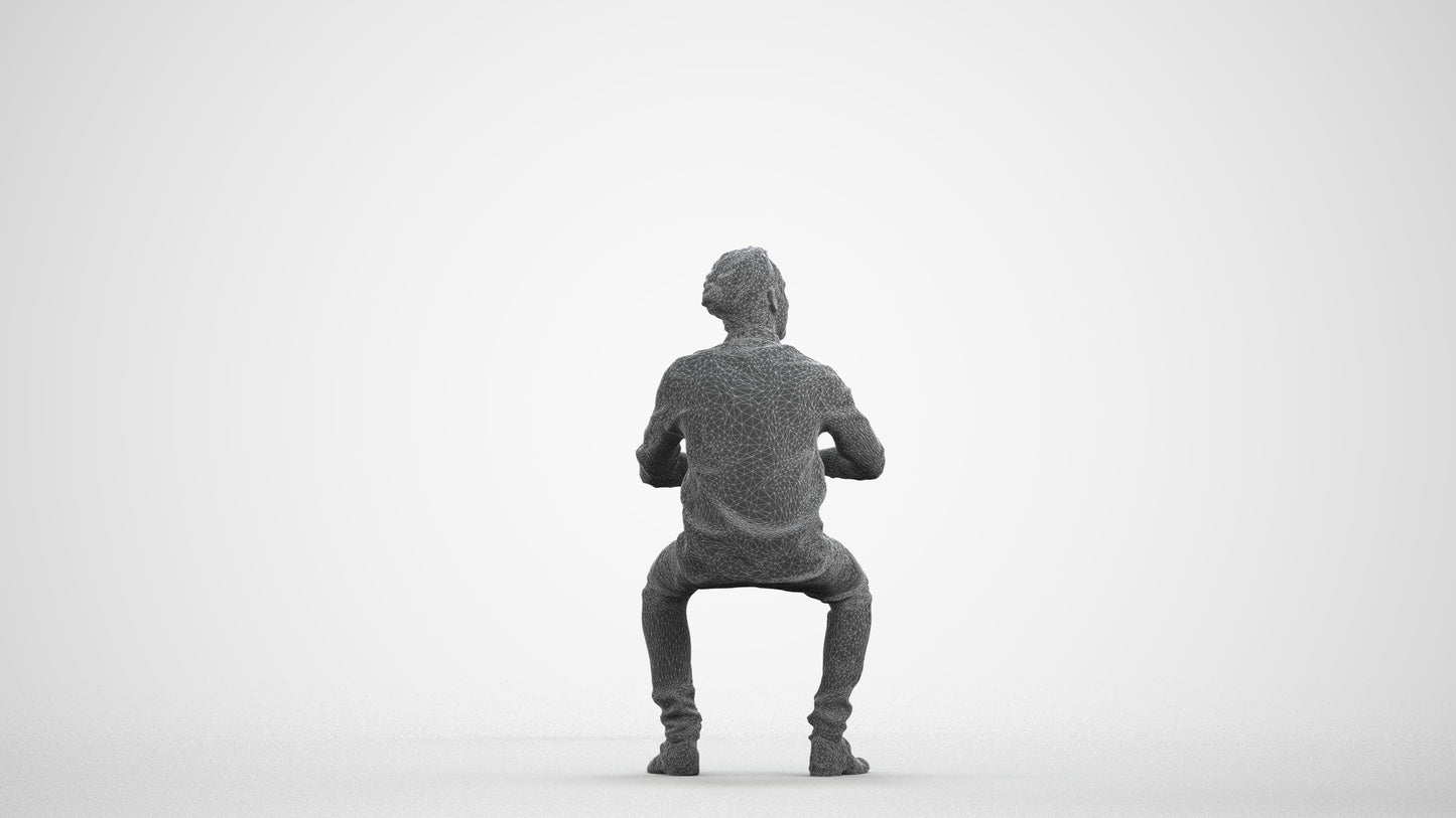3D human model man casual sitting, photogrammetry scanned person for archviz, wireframe front view