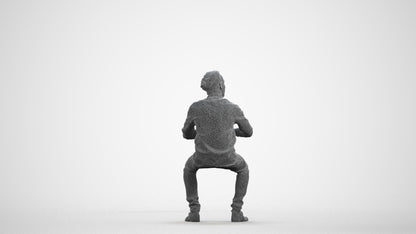 3D human model man casual sitting, photogrammetry scanned person for archviz, wireframe front view