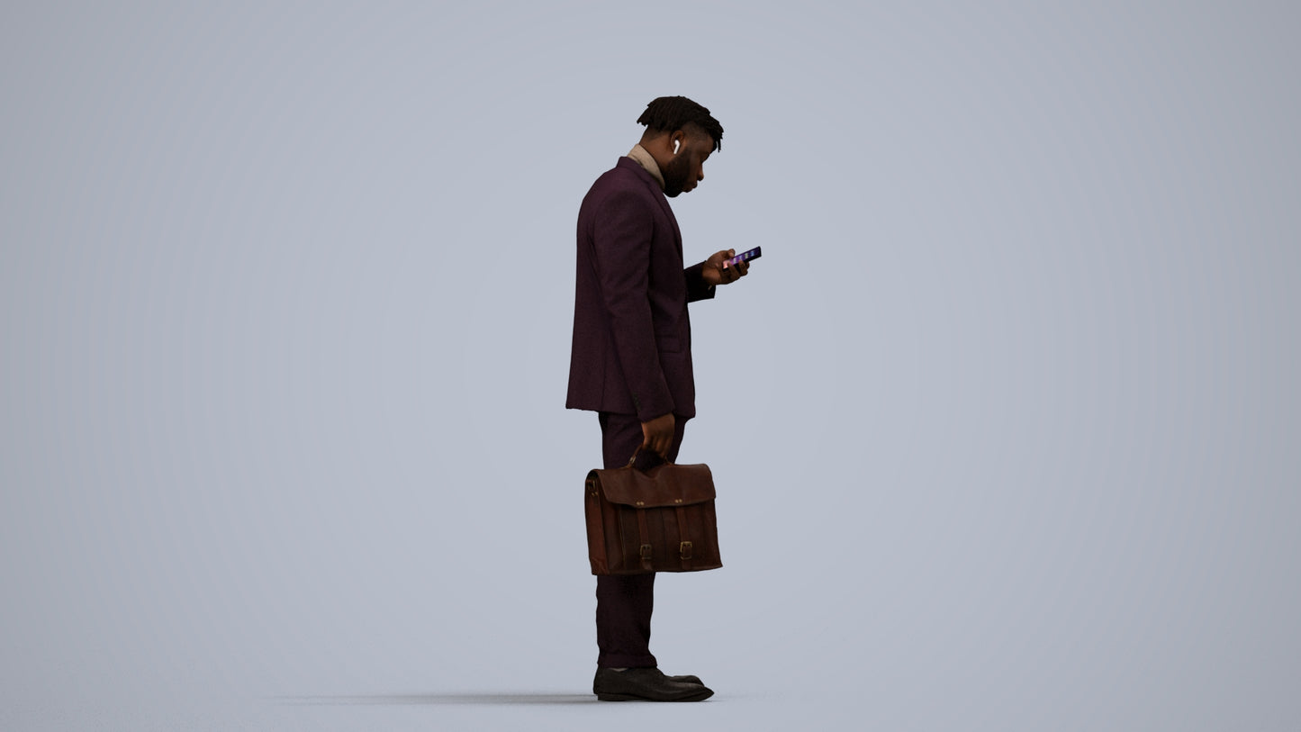 photogrammetry 3D man business standing, realistic human model archviz FBX, side view render