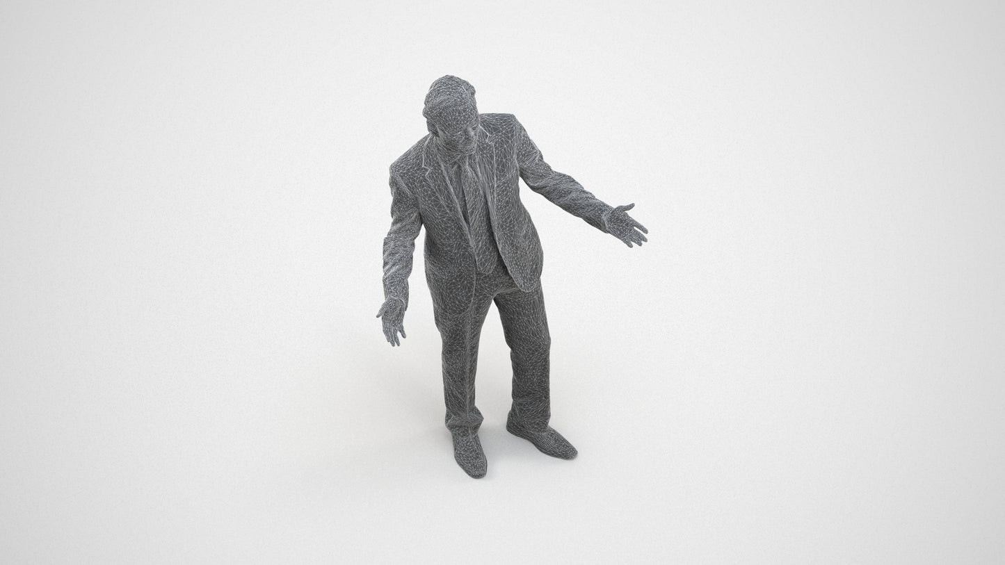 3D human model man business, photogrammetry scanned person for archviz, wireframe three-quarter view