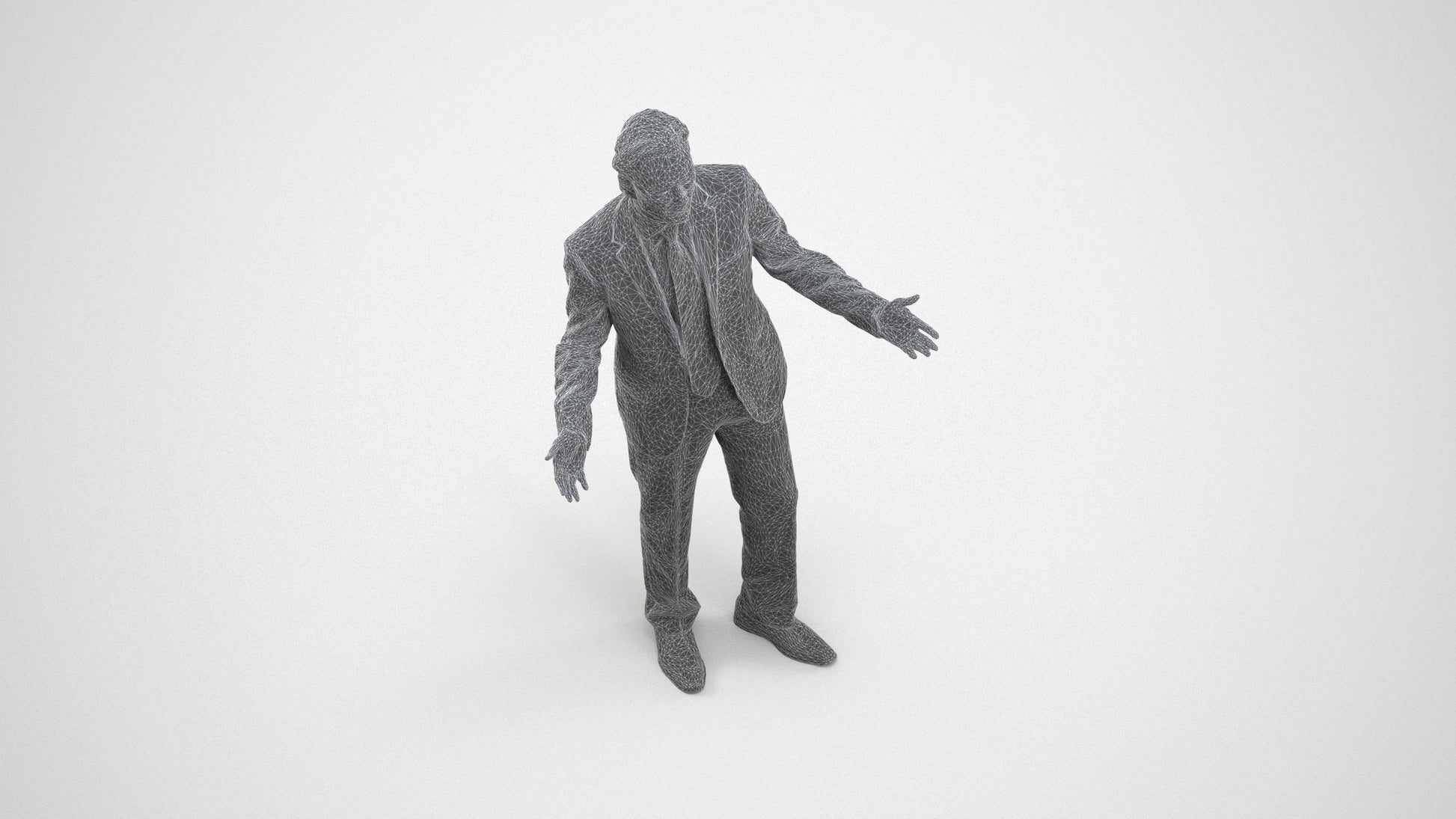 3D human model man business, photogrammetry scanned person for archviz, wireframe three-quarter view