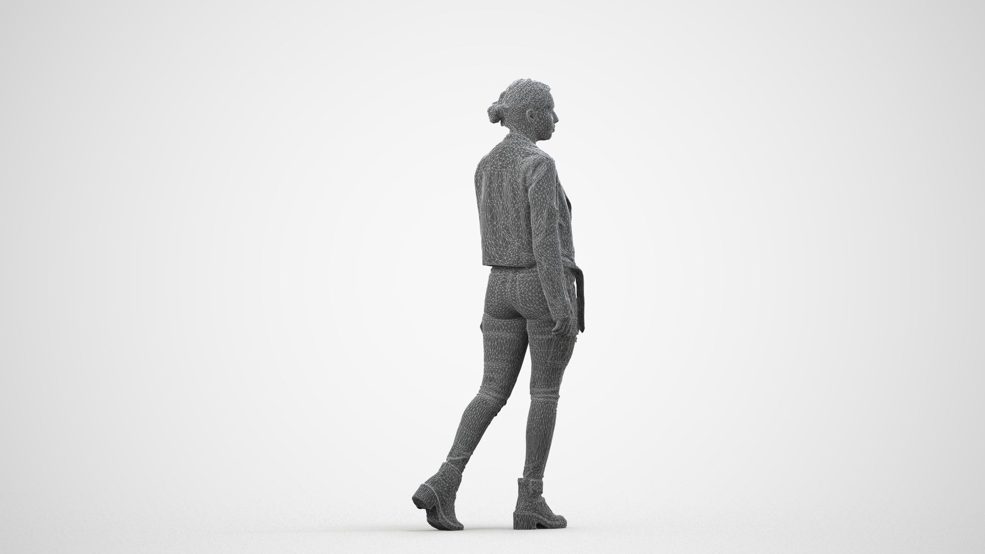3D people model woman casual walking, scanned human for 3ds Max rendering, wireframe side view
