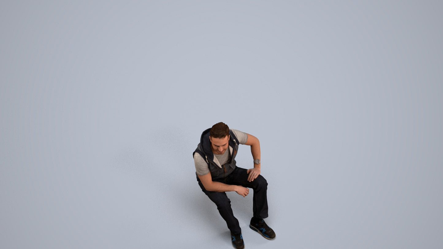 3D people model man casual sitting, scanned human for 3ds Max rendering, back view render