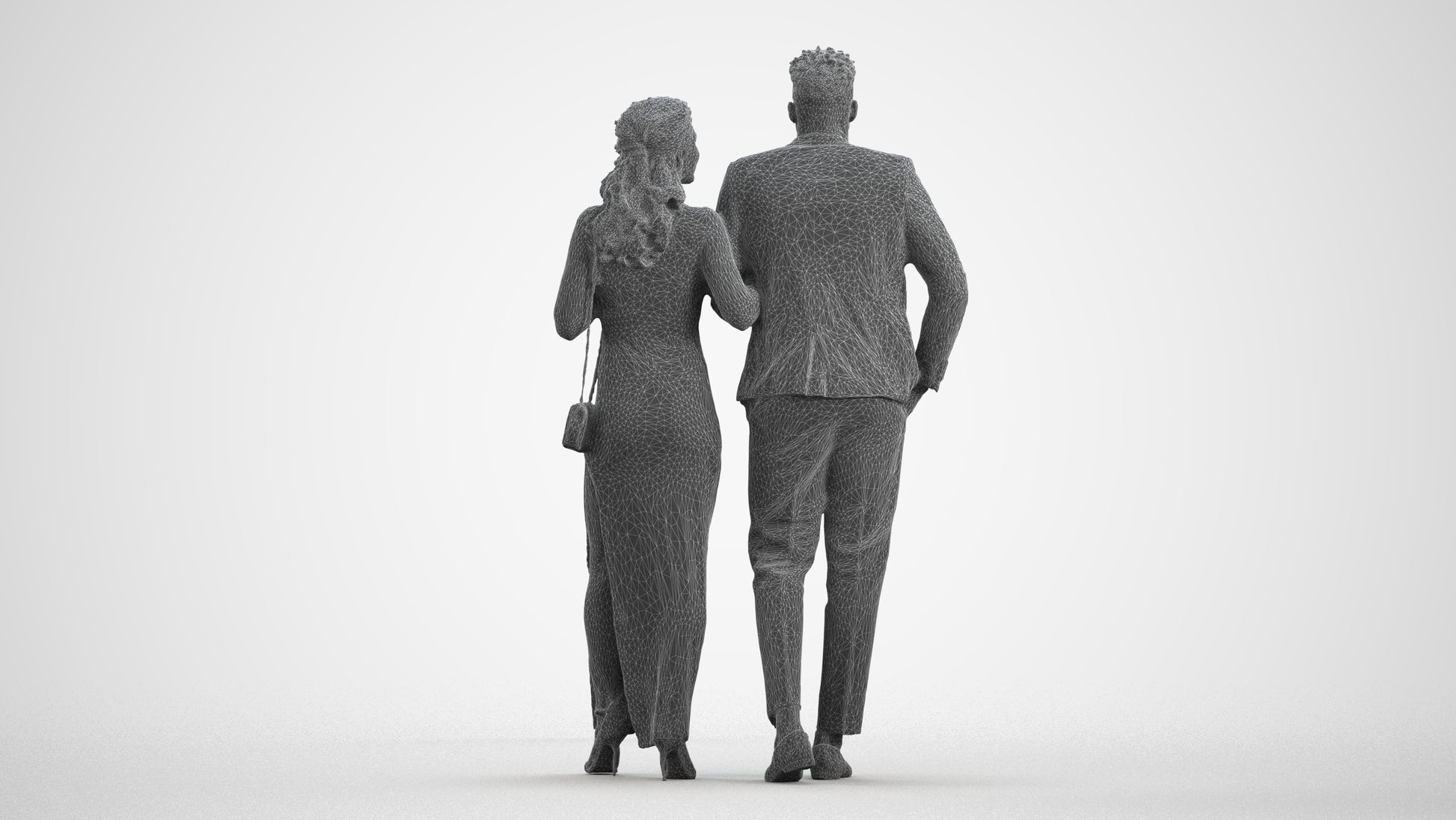3D human model woman formal couple, photogrammetry scanned person for archviz, wireframe front view