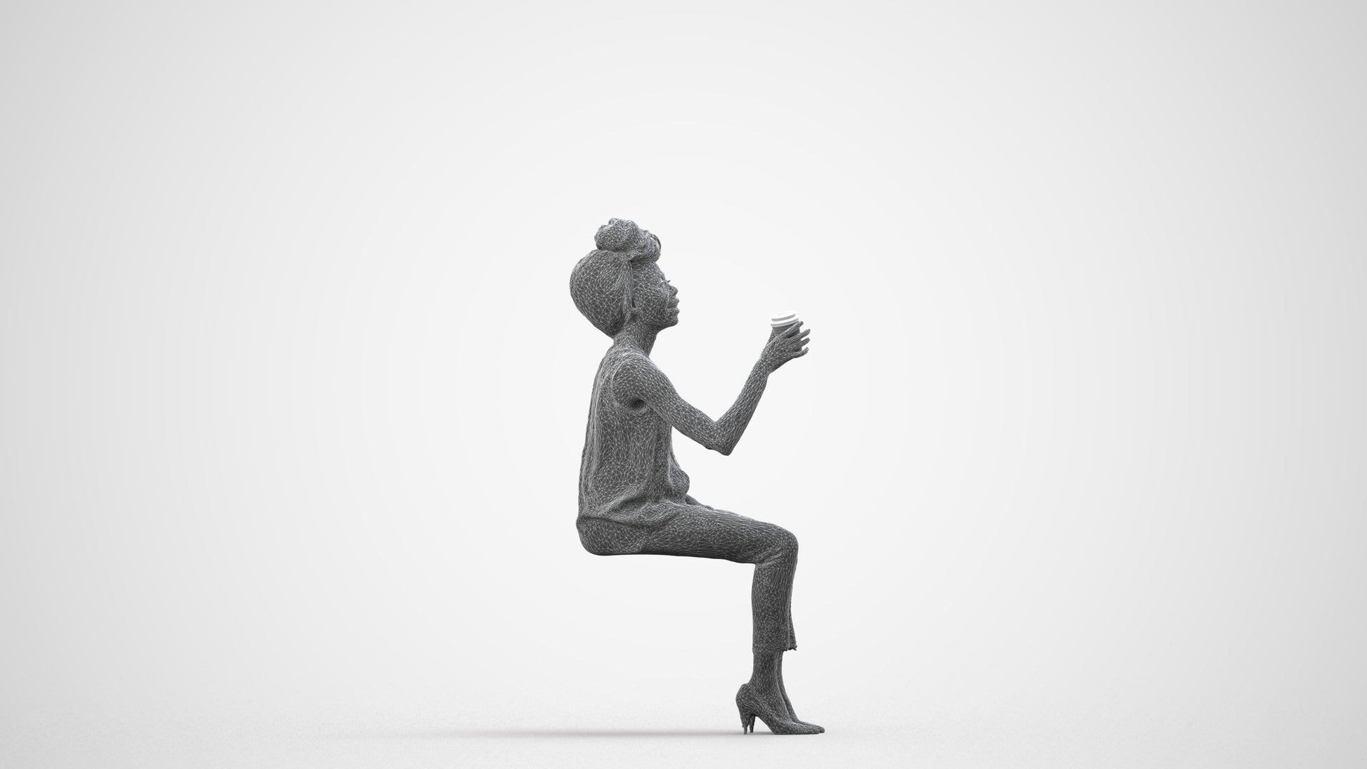 realistic 3D people woman casual sitting, render-ready for V-Ray and Corona, FBX OBJ, wireframe side view