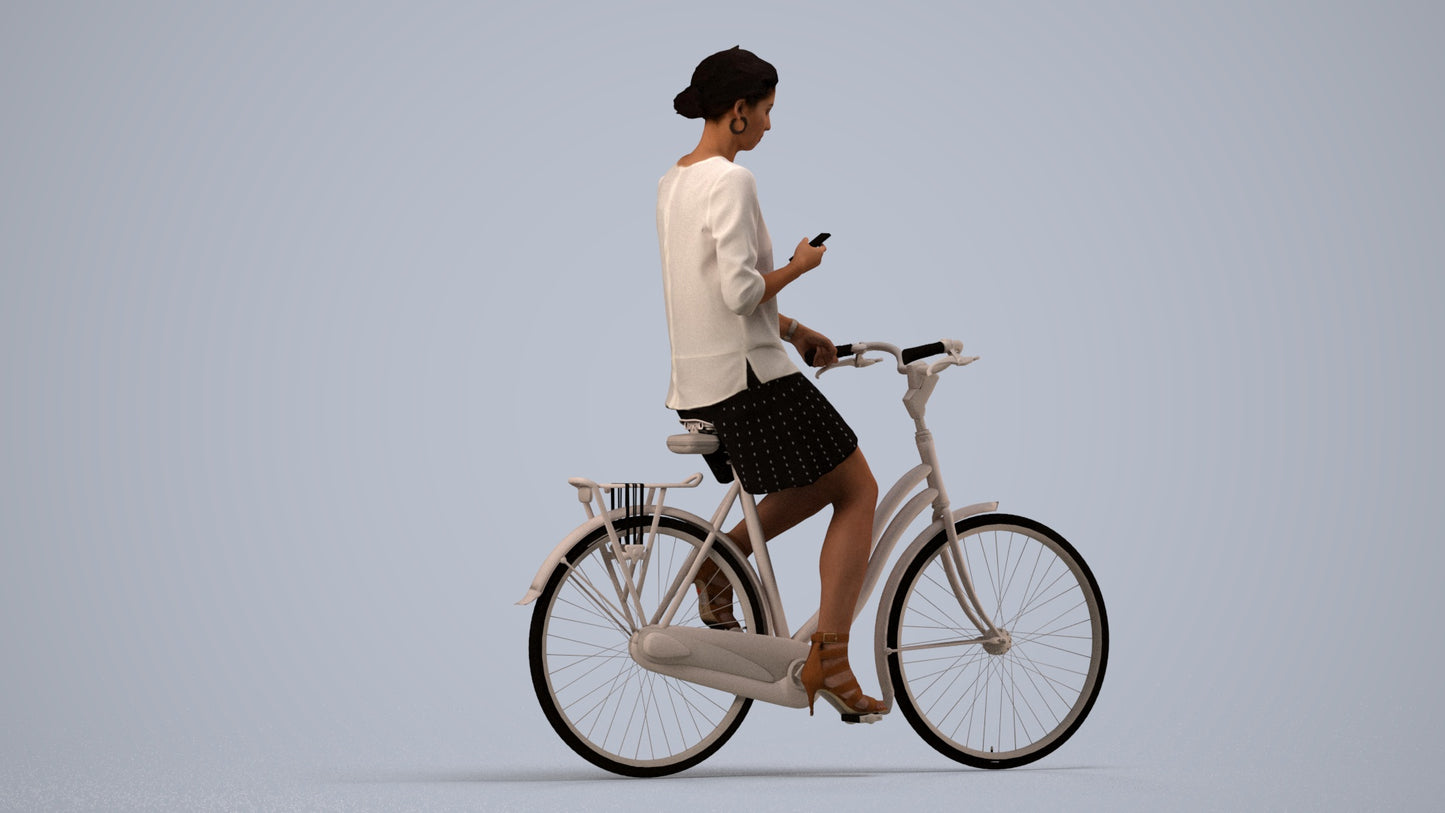 photogrammetry 3D woman casual cycling, realistic human model archviz FBX, side view render