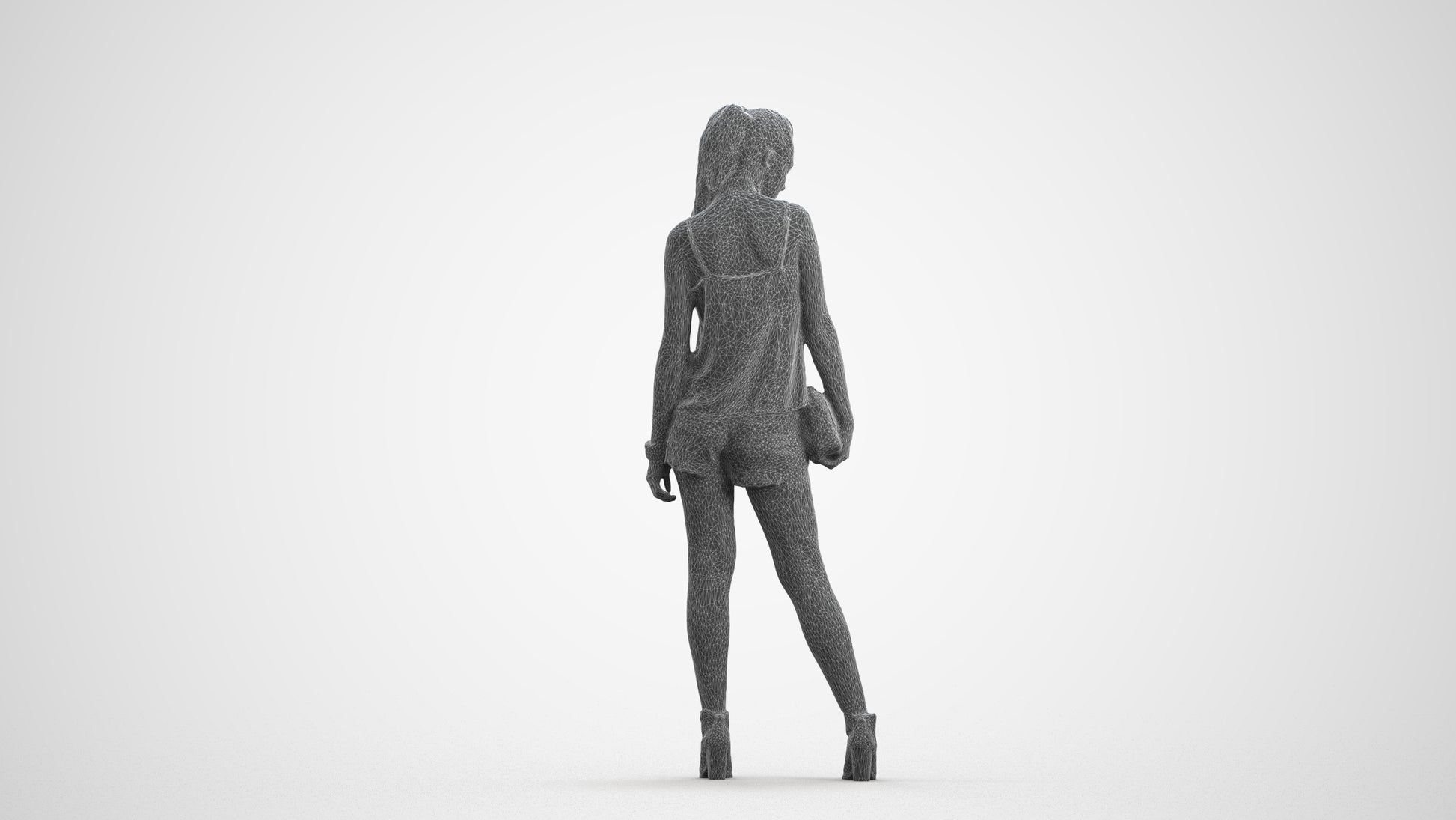 3D scanned girl standing casual, photorealistic archviz people for Enscape and SketchUp, wireframe front view