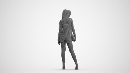 3D scanned girl standing casual, photorealistic archviz people for Enscape and SketchUp, wireframe front view
