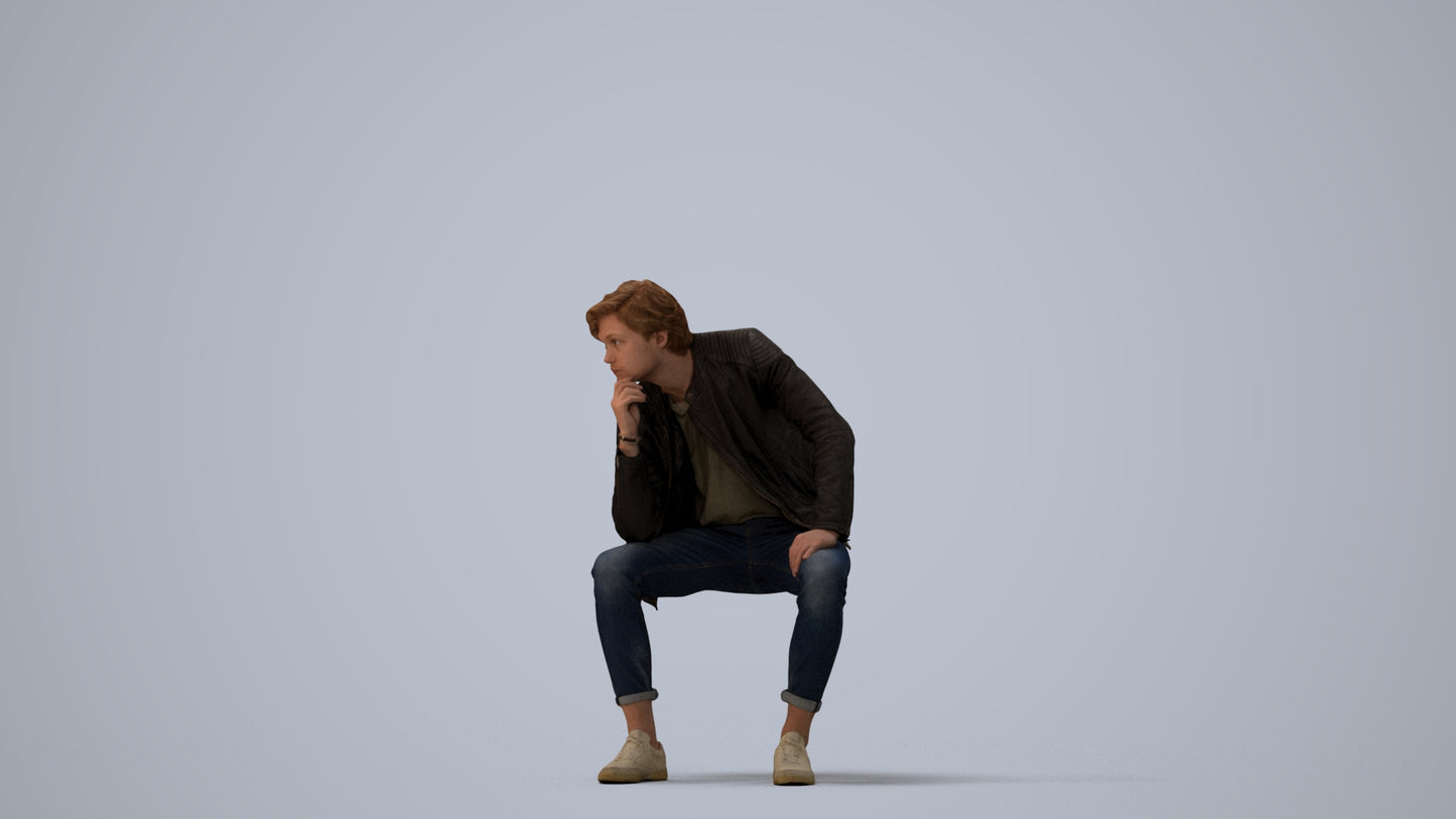 scanned 3D man casual sitting, photogrammetry people for Enscape and V-Ray, three-quarter view render
