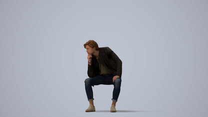 scanned 3D man casual sitting, photogrammetry people for Enscape and V-Ray, three-quarter view render