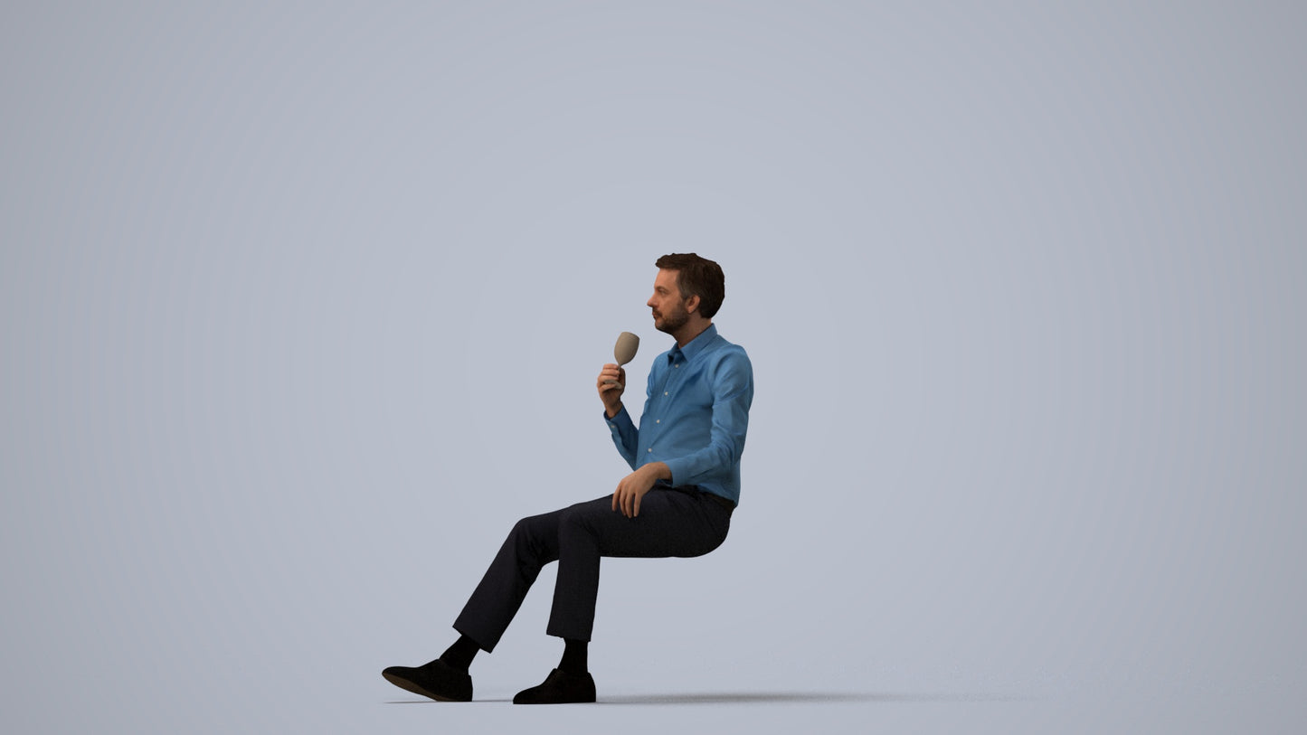 3D human model man business sitting, photogrammetry scanned person for archviz, three-quarter view render