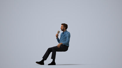 3D human model man business sitting, photogrammetry scanned person for archviz, three-quarter view render