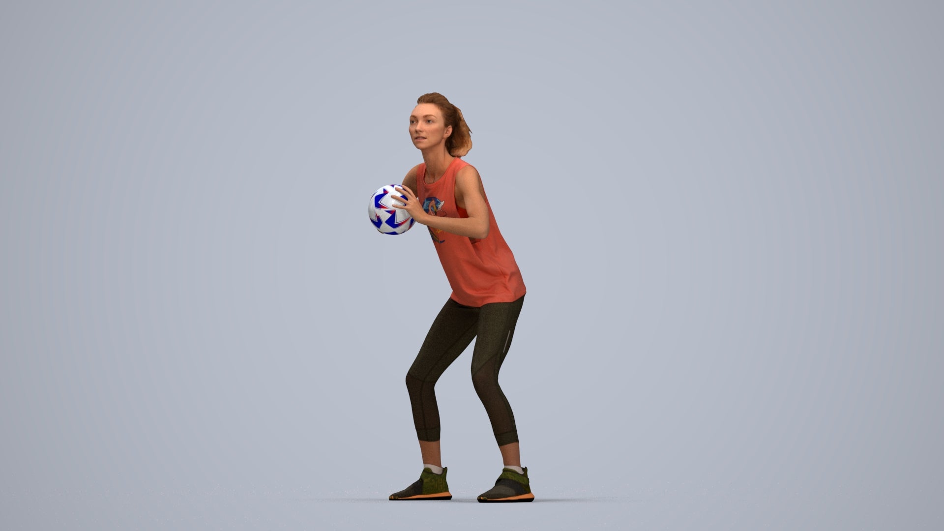 3D people model woman sport, scanned human for 3ds Max rendering, top-down view render