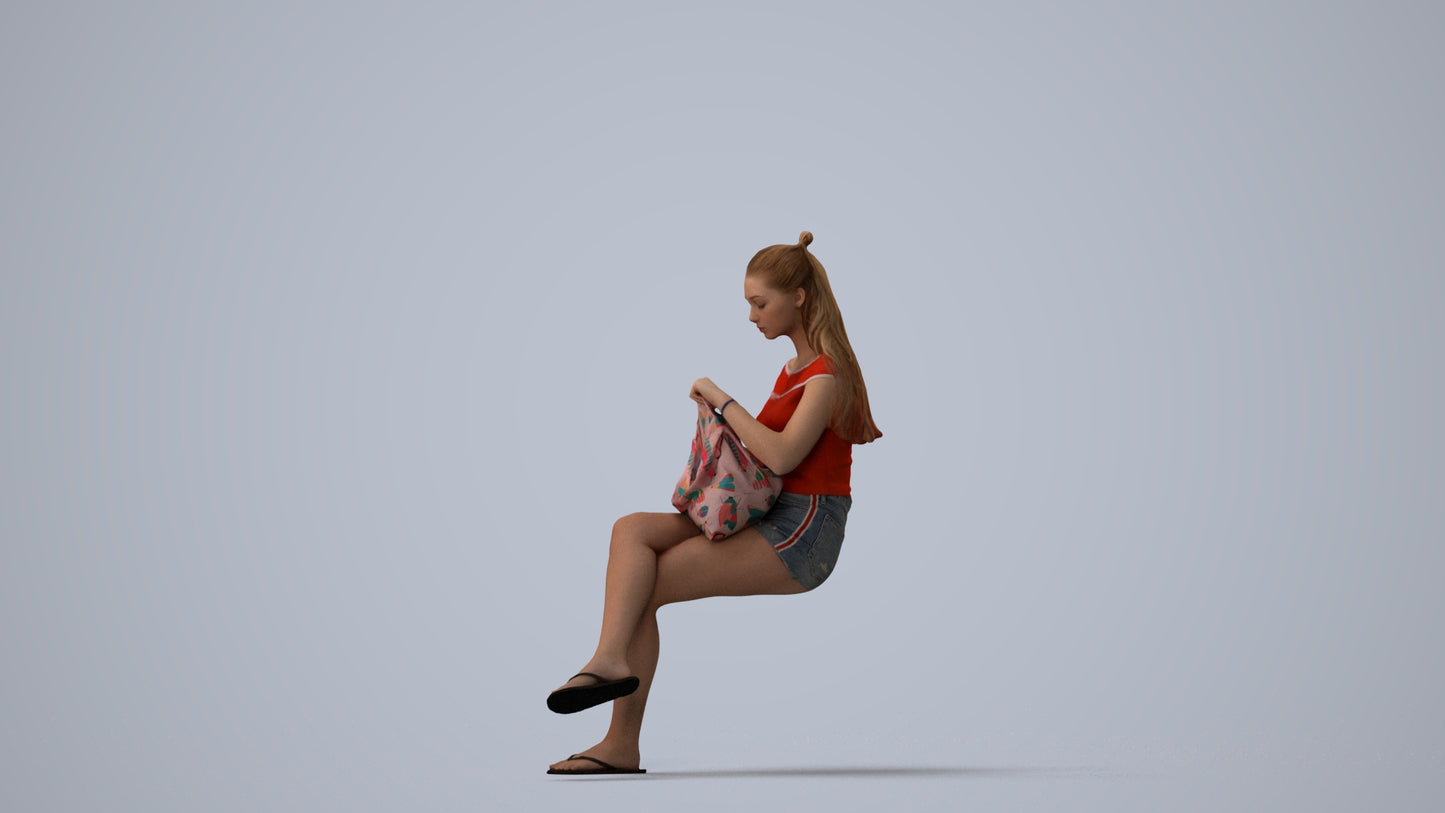 photogrammetry 3D girl casual sitting, realistic human model archviz FBX, three-quarter view render