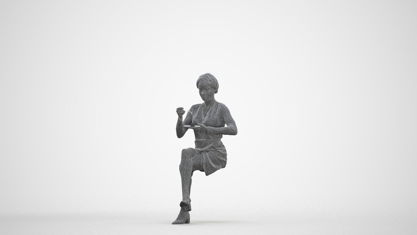 scanned 3D woman casual sitting, photogrammetry people for Enscape and V-Ray, three-quarter front view render