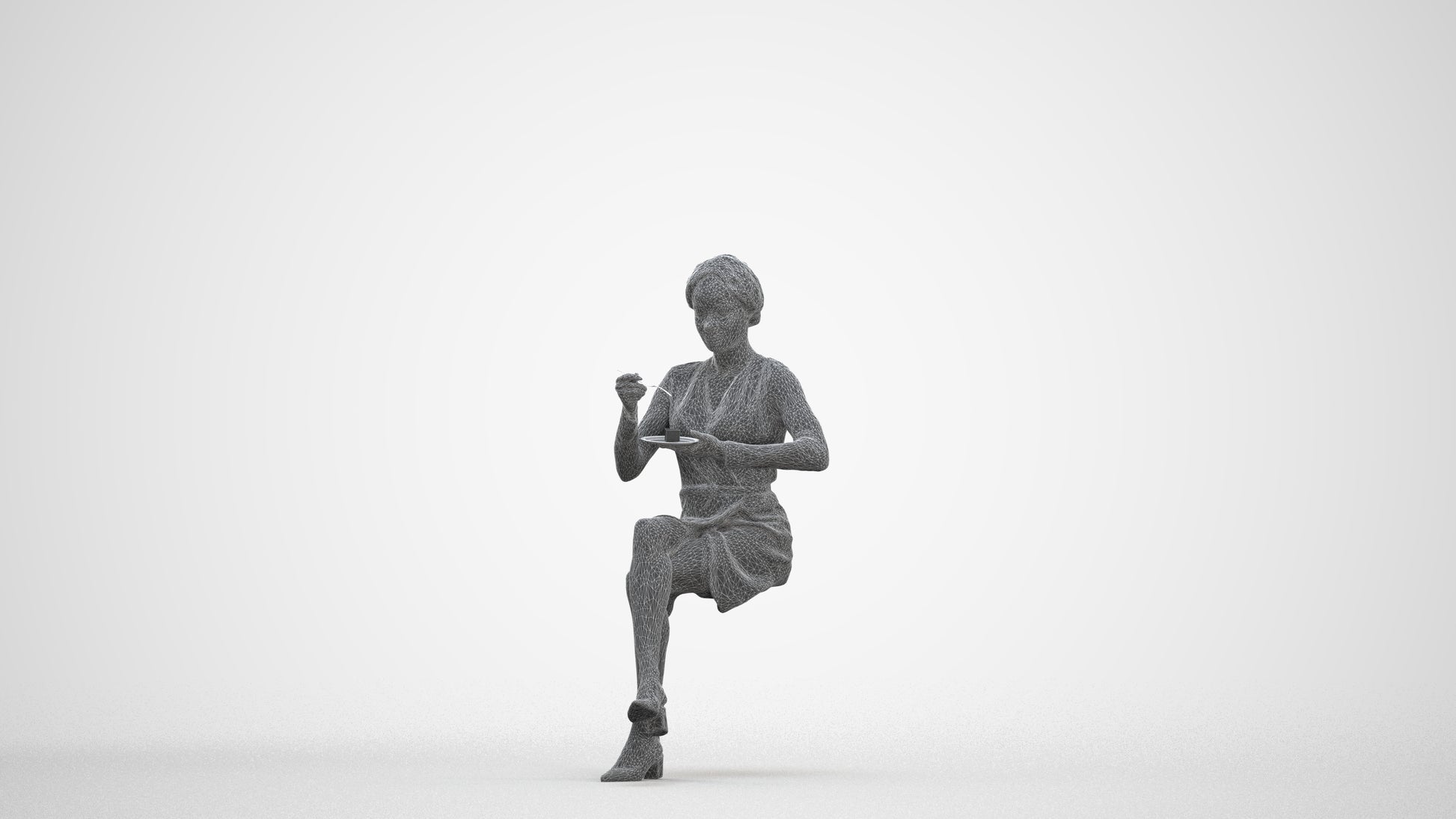 scanned 3D woman casual sitting, photogrammetry people for Enscape and V-Ray, three-quarter front view render