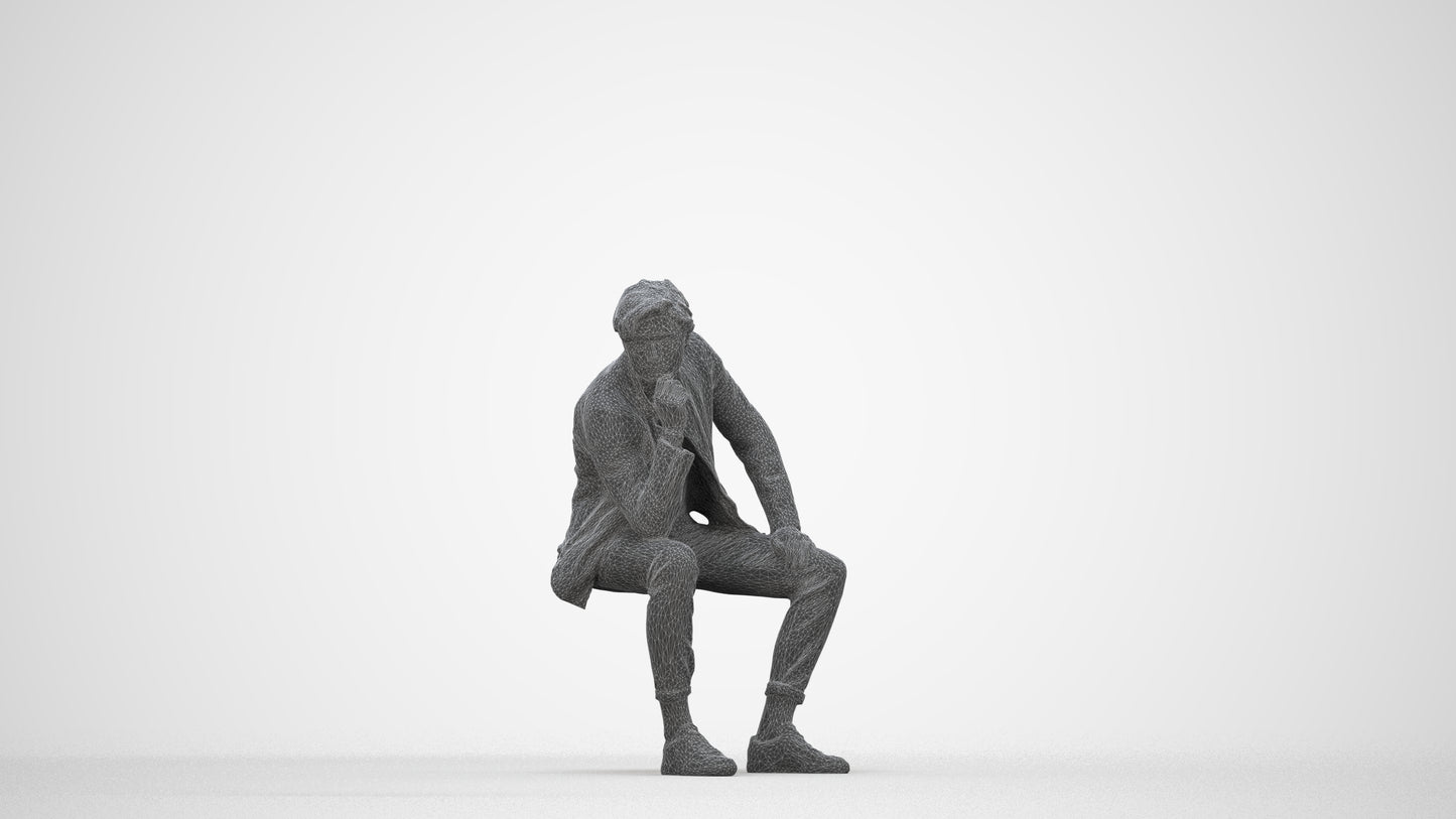 scanned 3D man casual sitting, photogrammetry people for Enscape and V-Ray, wireframe back view